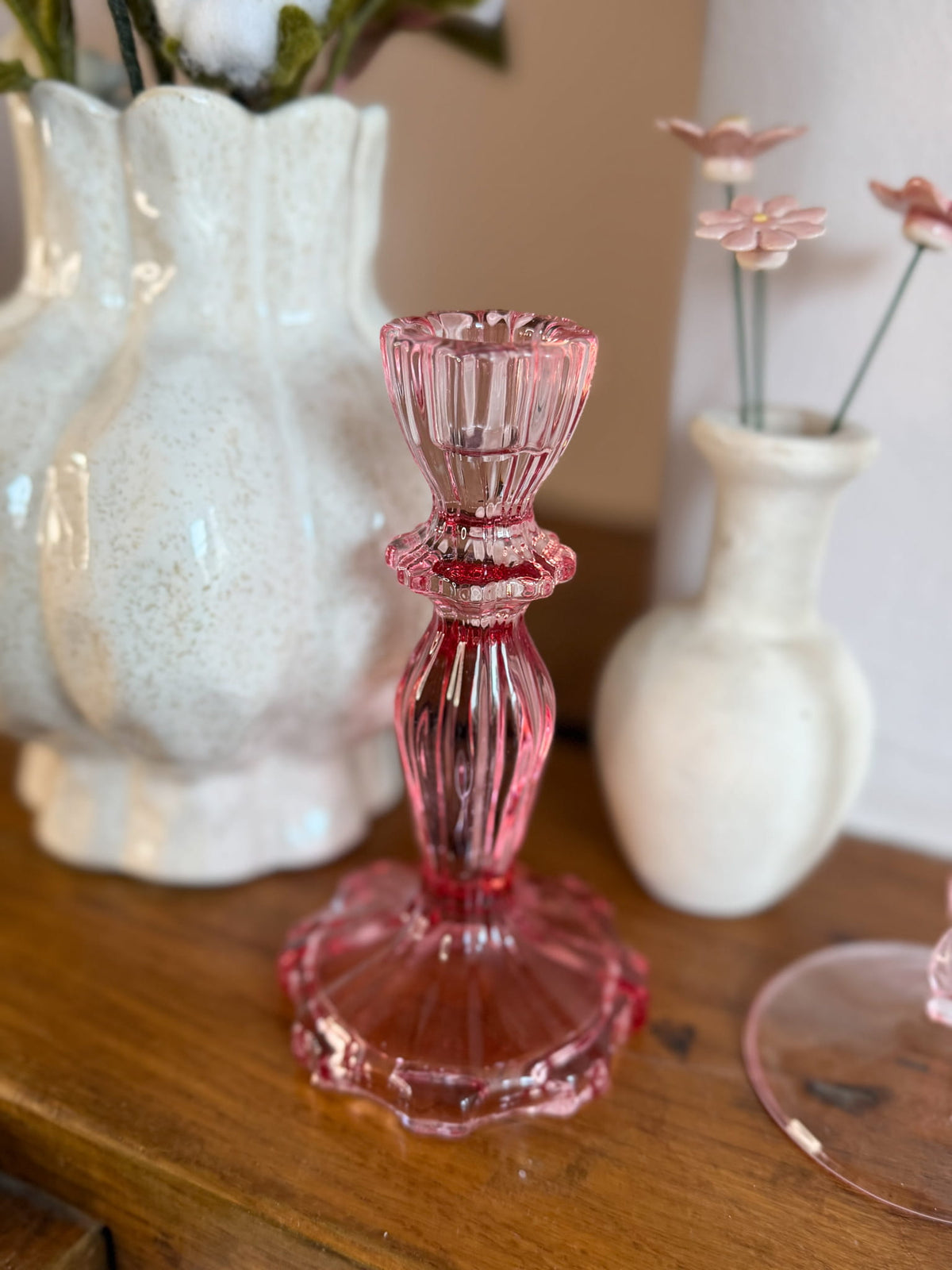Kandelaar felroze glas bloem