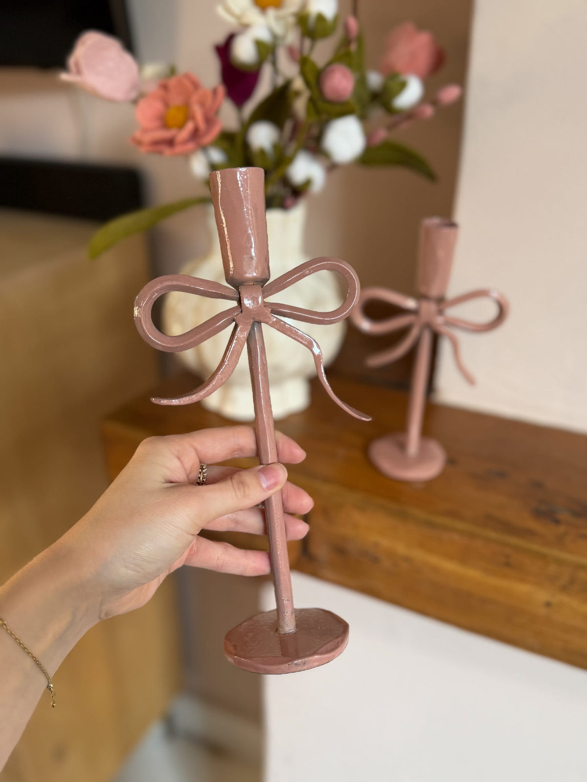 Kandelaar roze strik